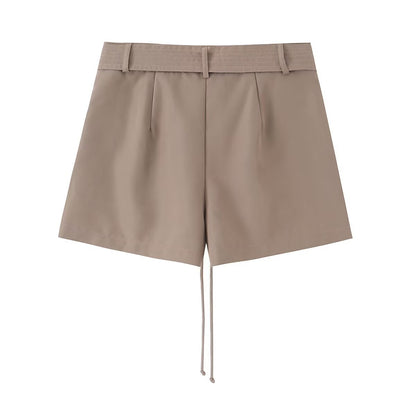 French drawstring waist belt pleated high waisted shorts
