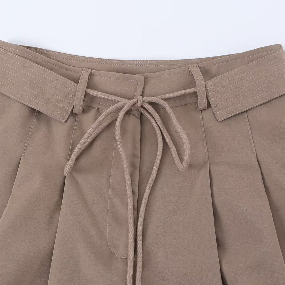 French drawstring waist belt pleated high waisted shorts
