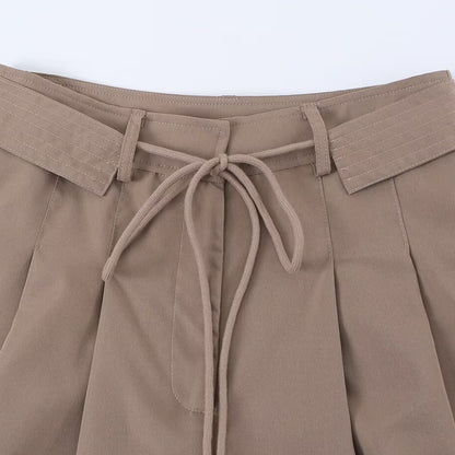 French drawstring waist belt pleated high waisted shorts