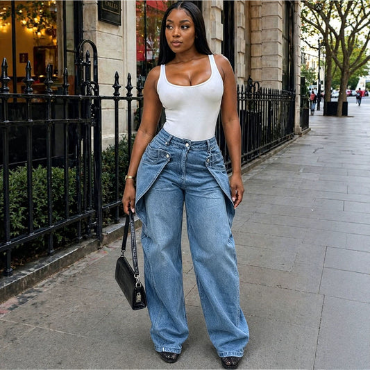 Women's Casual Denim Pants Street Fashion Asymmetrical Button Design Straight Leg